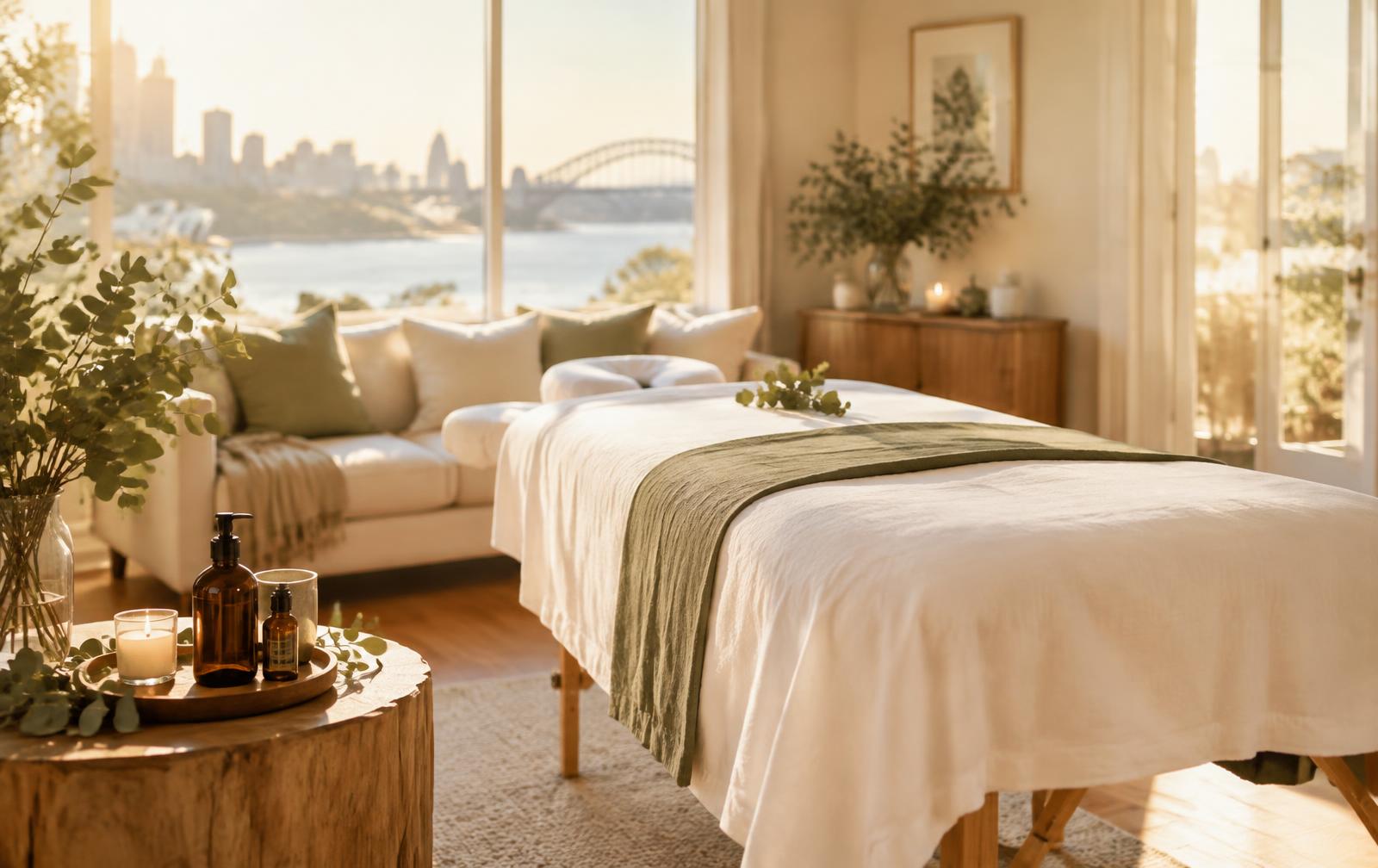 Massage table set up with fresh linen in a bright Sydney home